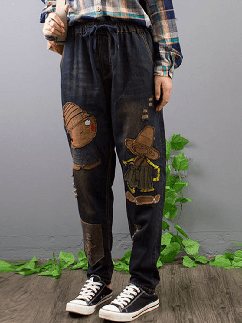 Embroidery Patchwork Elastic Waist Denim Jeans - MRSLM