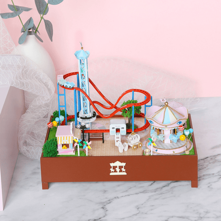 Hongda S2132Z Playground Carousel Roller Coasters 3D Hand-Assembled Doll House Miniature Furniture Kit with LED Lights Music Rotating Puzzle Toy for Gift Collection House Decoration - MRSLM