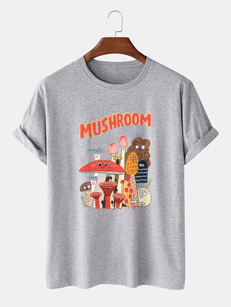 Mens 100% Cotton Cartoon Mushroom Print Short Sleeve T-Shirt - MRSLM