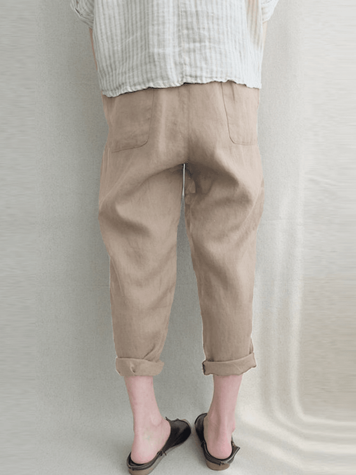 Women Vintage High Elastic Waist Solid Loose Cotton Harem Pants - MRSLM