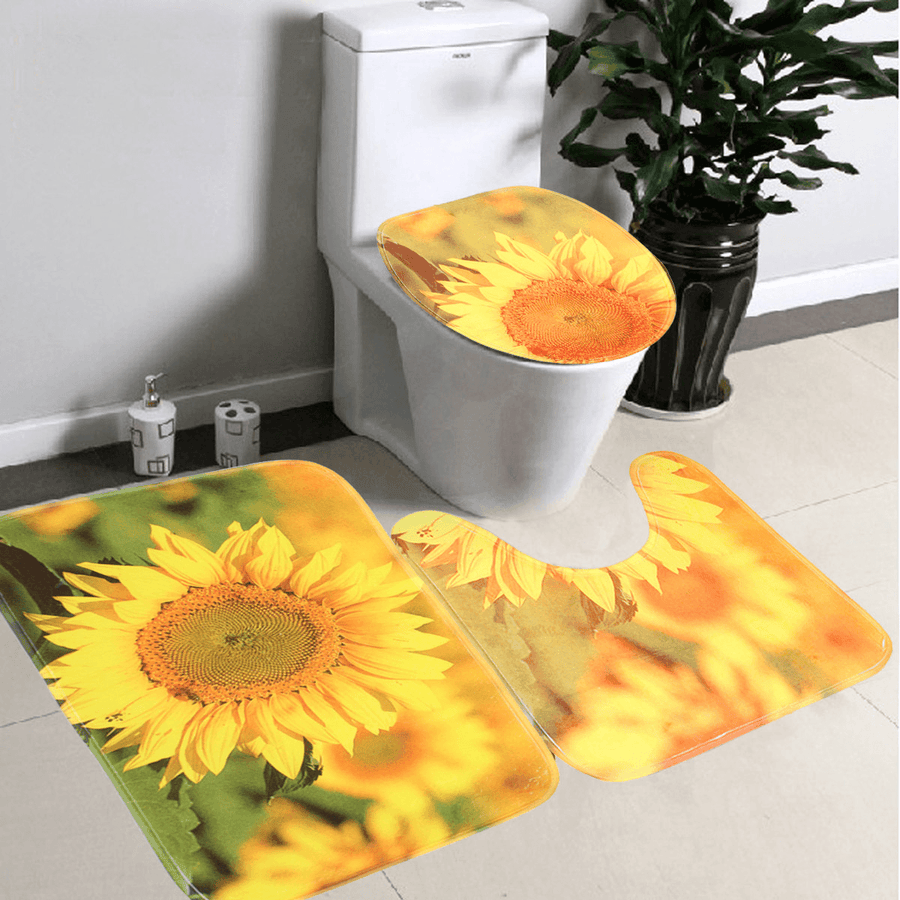3Pcs/Set Yellow Sunflower Non-Slip Bathroom Pedestal Rug Lid Toilet Cover Bath Mat Floor Carpet Home Decor - MRSLM