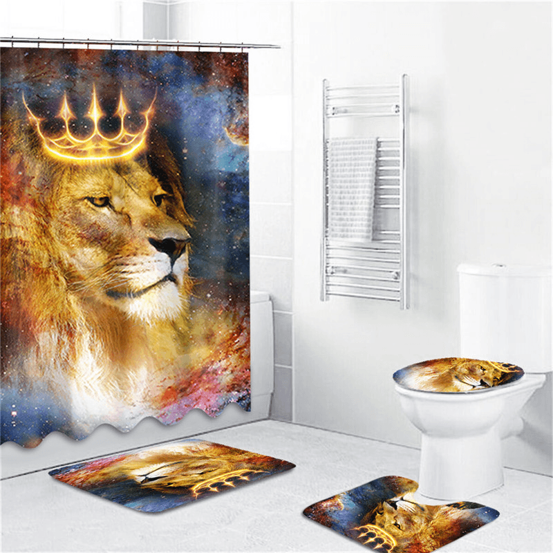 180Cmx180Cm Crown Lion Shower Curtain Set Waterproof Shower Mat Set - MRSLM