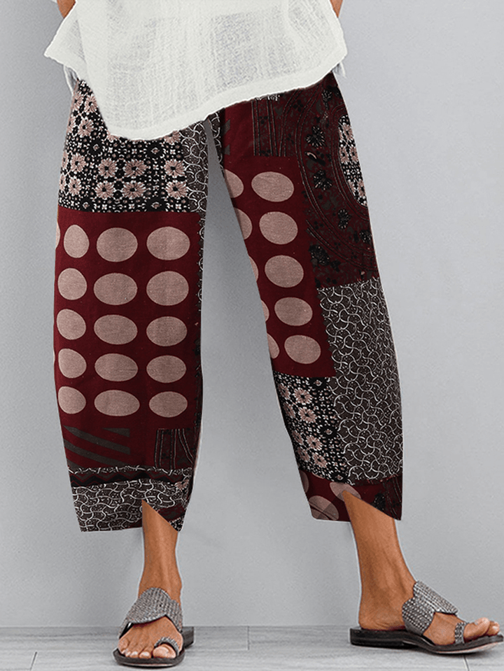Retro Floral Print Elastic Waist Irregular Hem Pocket Casual Pants for Women - MRSLM