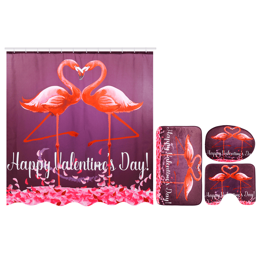 180X180Cm Flamingo Valentine'S Day Bathroom Shower Curtains Toliet Mat Rug + Hook - MRSLM