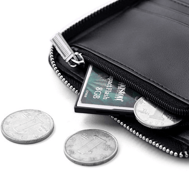 Men Black Coffee Zipper Leather Wallet Card Holder Coin Bag with External Card Slot - MRSLM