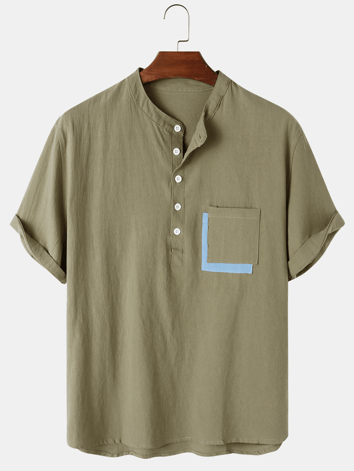 Mens Cotton Pocket Patchwork Short Sleeve Henley Shirts - MRSLM