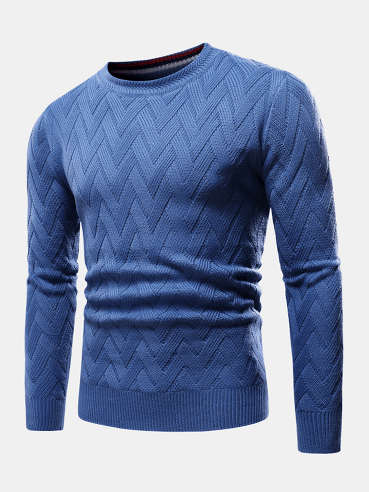 Mens Chevron Knitted Solid Color Crew Neck Slim Fit Casual Sweater - MRSLM