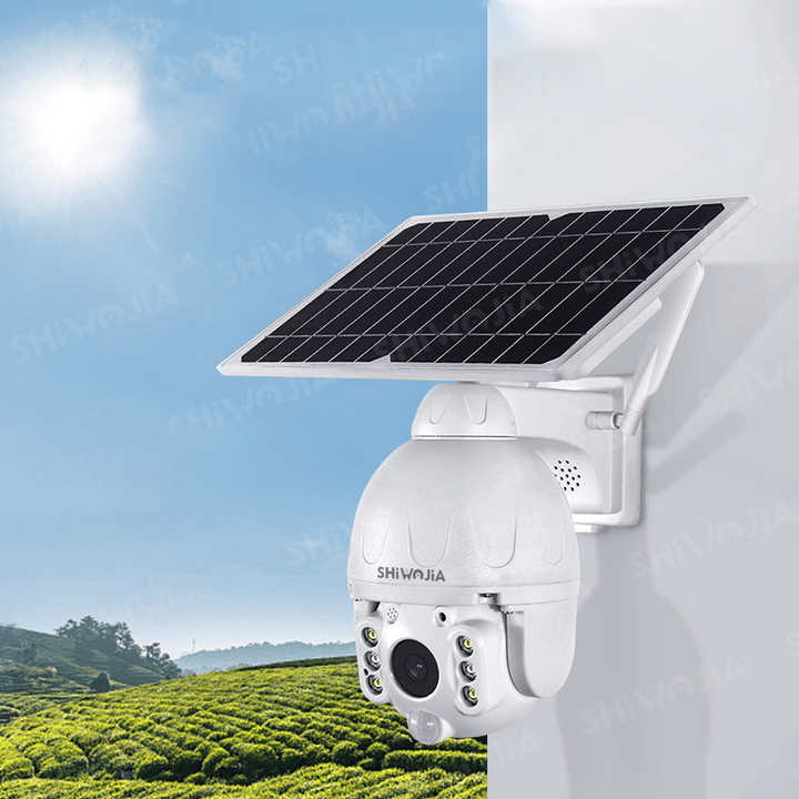 SHIWOJIA WIFI Home Security Camera Outdoor 1080P HD Smart Wireless Camera 360° View Rechargeable Solar Battery Powered Camera with IP66 Waterproof PIR Human Detection Color Night Vision 2-Way Talk Home Cameras - MRSLM