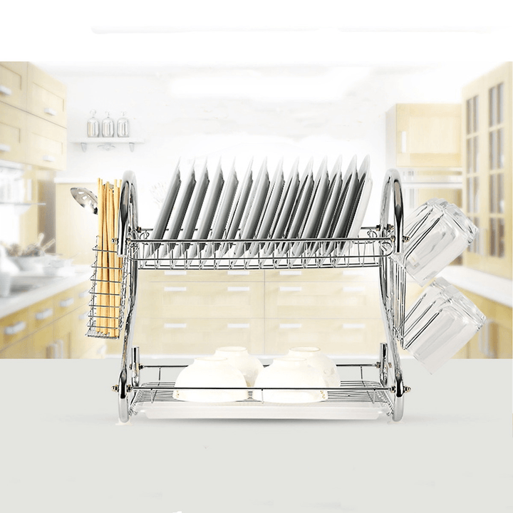 Multifunction 2 Tier Kitchen Dish Cutlery Drainer Rack Drip Tray Plate Holder Drain Shelf - MRSLM