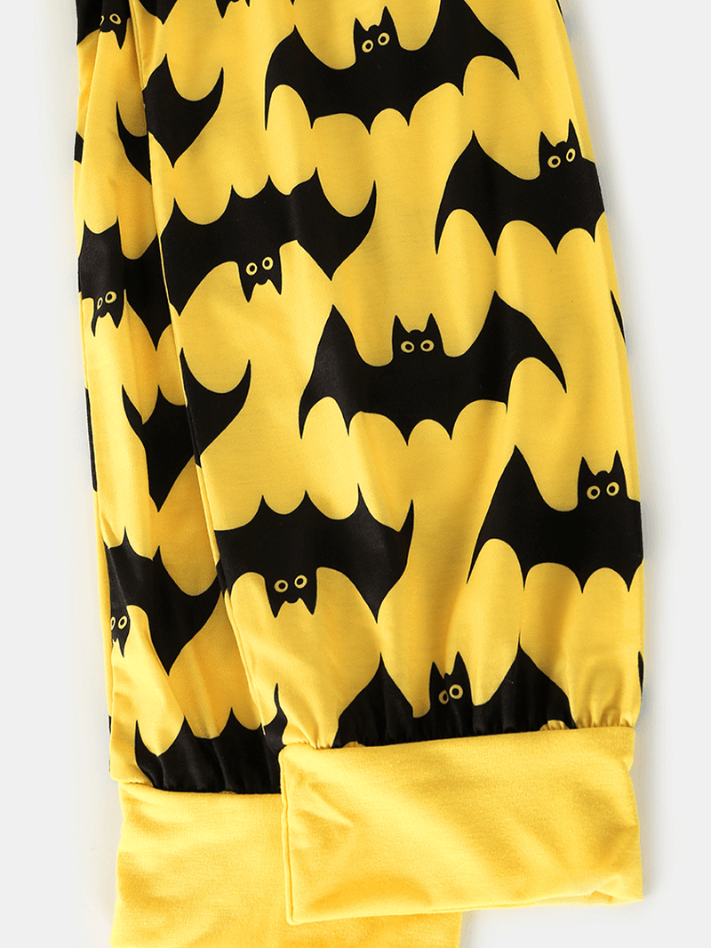 Halloween Women Allover Cartoon Bat Print V-Neck Long Sleeve Top Drawstring Jogger Pants Home Pajama Set - MRSLM