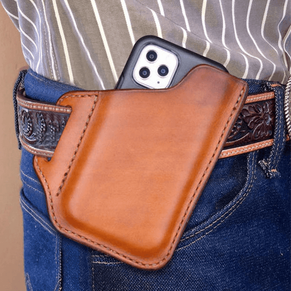 Men'S Genuine Leather Convenient Solid Color 6.3Inch Phone Case Wallet Belt Bag Waist Bag - MRSLM