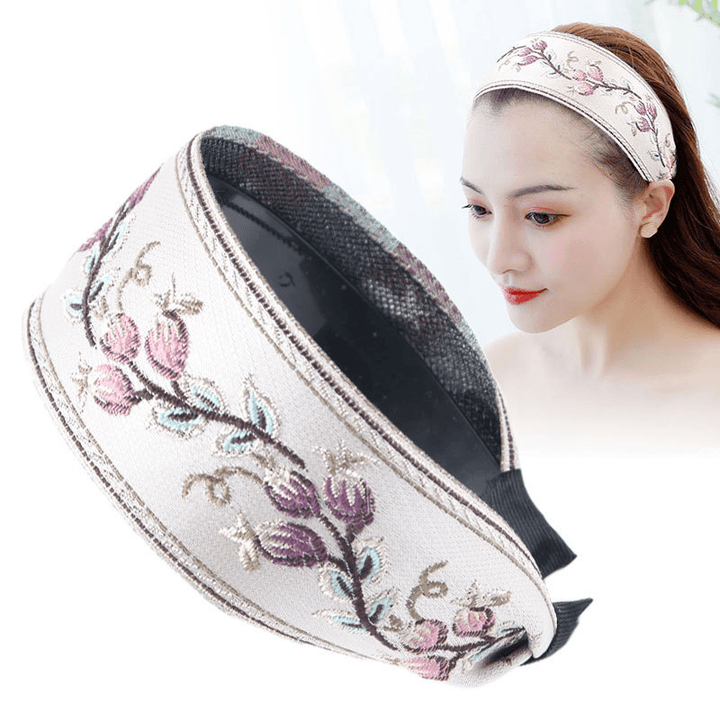 French Retro Simple Headdress Embroidery Flower Wide Brimmed Headband Toothed Non-Slip Headband Female - MRSLM