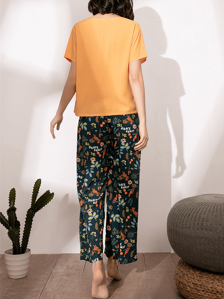 Women Ethnic Style Crane Print V-Neck Wide Leg Pajama Set - MRSLM