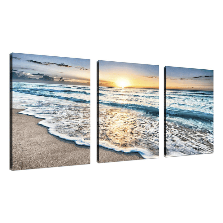 Beach Canvas Wall Art Sunset Sand Ocean Sea Wave 3 Panel Home Picture Decor Paintings - MRSLM