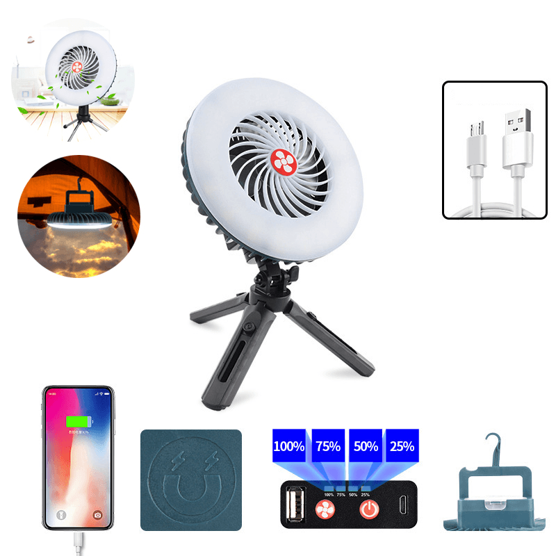 Ipree® 2-In-1 Tent Fan Light Magnetic 2 Modes Camping Light 3 Modes Hanging Hook Cooling Fan Emergency Power Bank for Hiking Travel - MRSLM
