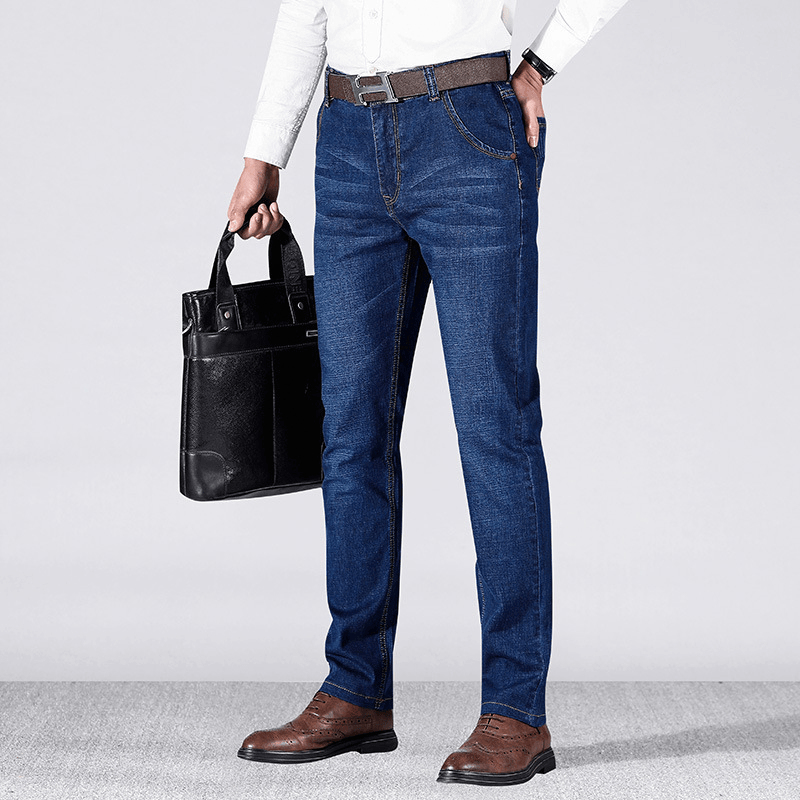 Men'S Spring and Summer Jeans Stretch Slim Straight Mid-Waist Large Size Business Casual Pants - MRSLM