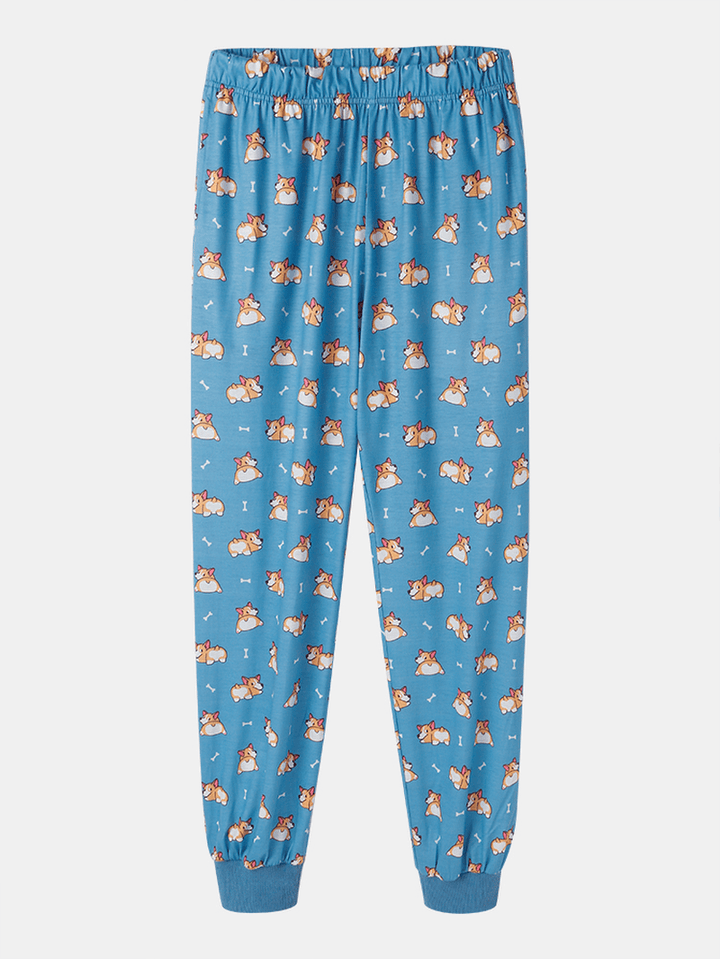 Women Cartoon Dog Print Short Sleeve Cute Cuffed Pants Pajamas Sets - MRSLM