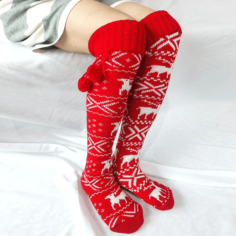 Women Cotton Christmas Festive Elk Pattern Warm Leggings over Knee Stockings with Fluff - MRSLM