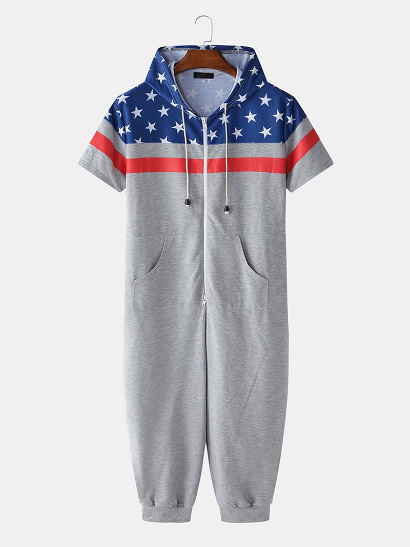 Men American Flag Print Hooded Zipper Pocket Short Sleeve Home Jumpsuit Sleepwear - MRSLM