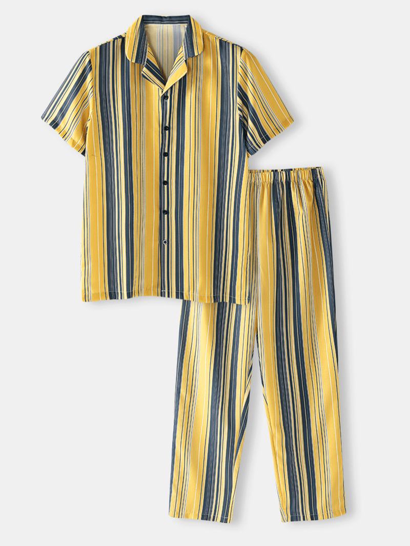 Mens Stripe Print Revere Collar Short Sleeve Elastic Waist Pants Home Cotton Pajama Set - MRSLM