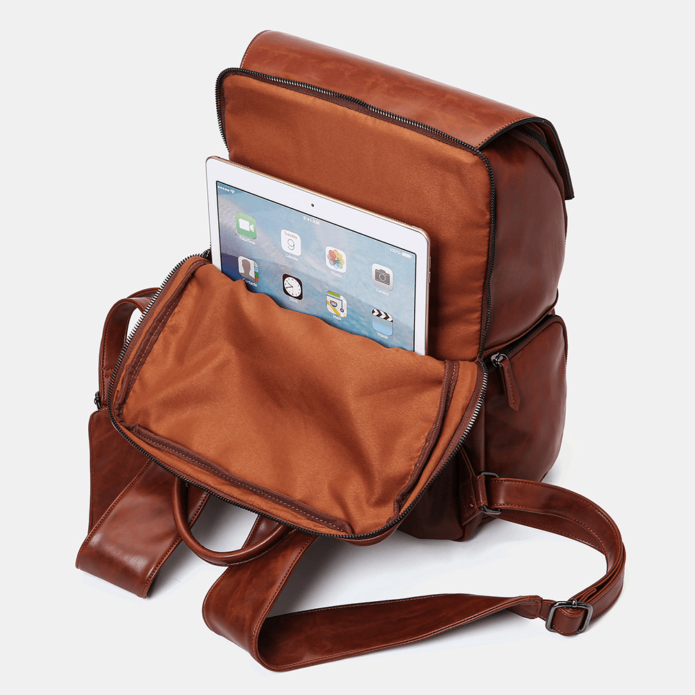 Unisex Large Capacity Multifunction Backpack Retro PU Leather Independent Shoe Position Multi-Pocket 14 Inch Laptop Bag - MRSLM