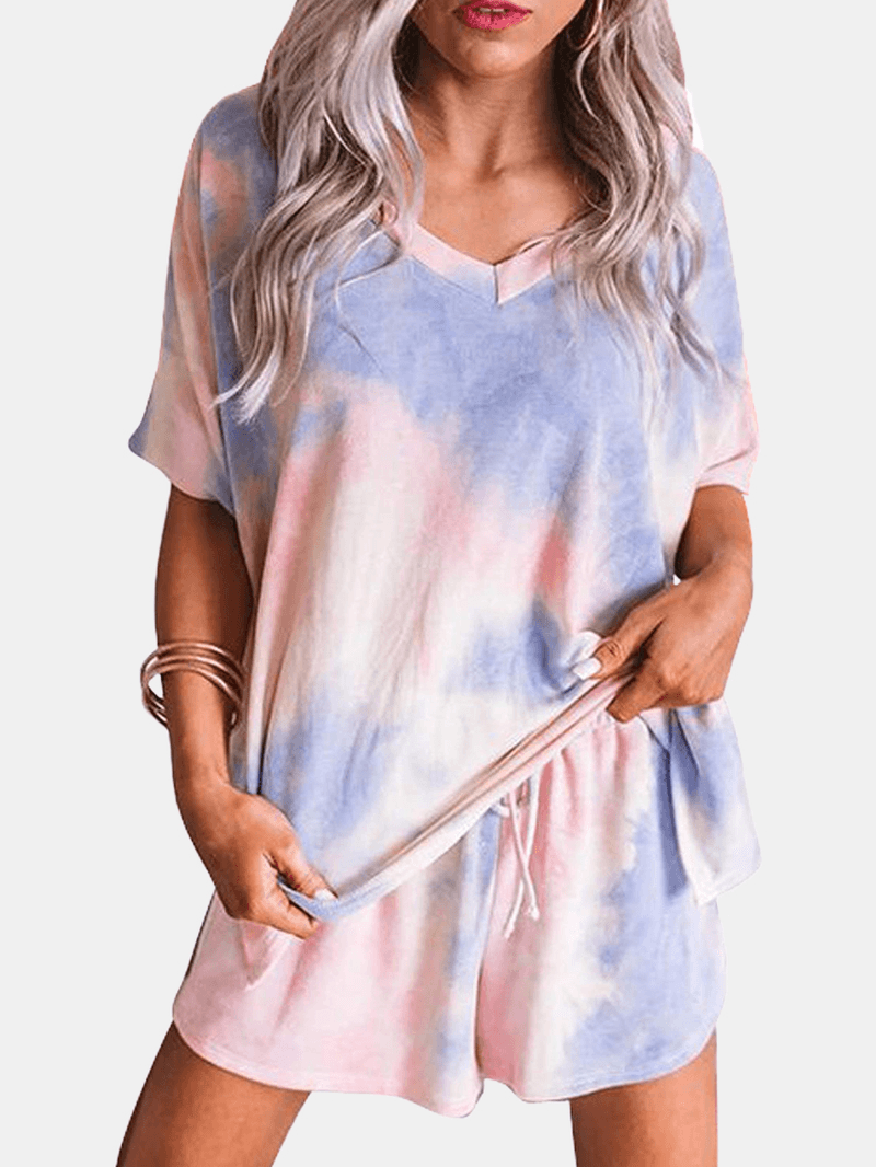 Women Color Block Print V-Ncek Short Sleeve Drawstring Shorts Home Pajama Set - MRSLM