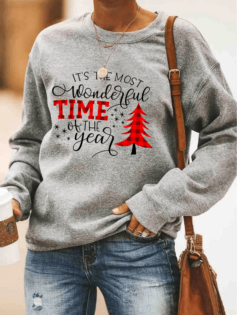 Women Christmas Letter Print O-Neck Drop Shoulder Loose Pullover Sweatshirts - MRSLM