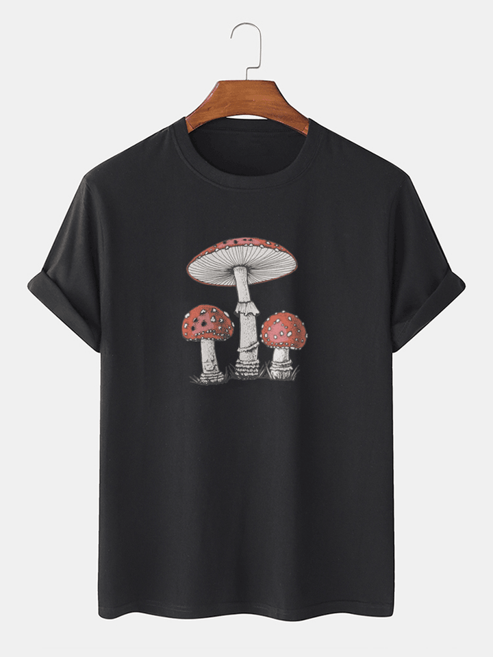 Mens 100% Cotton Cartoon Mushroom Print Short Sleeve T-Shirts - MRSLM