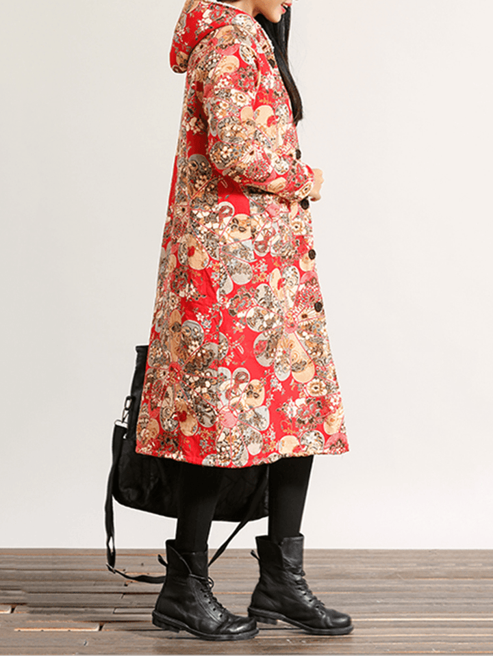 Floral Print Single Breasted Long Sleeve Hooded Coats for Women - MRSLM