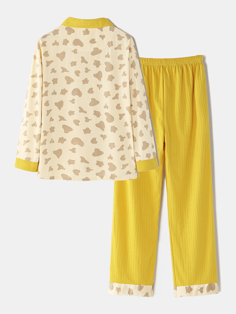 Women Cotton Cow Pattern Camp Collar Elastic Waist Rib Pants Two Piece Pajama Set - MRSLM