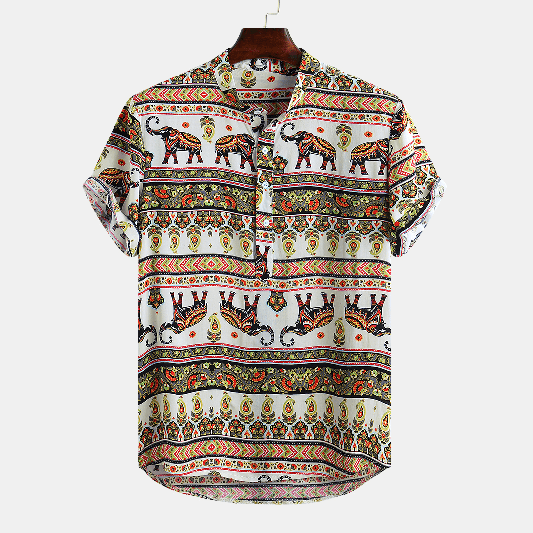 Mens Ethnic Style Pattern Printing Summer Loose Henley Shirt - MRSLM