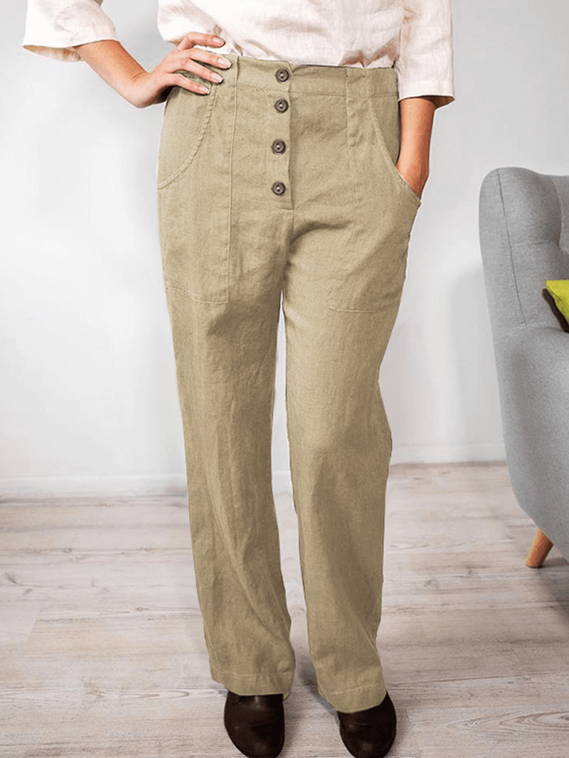 Women Solid Color Elastic Waist Button Loose Casual Pocket Pants - MRSLM