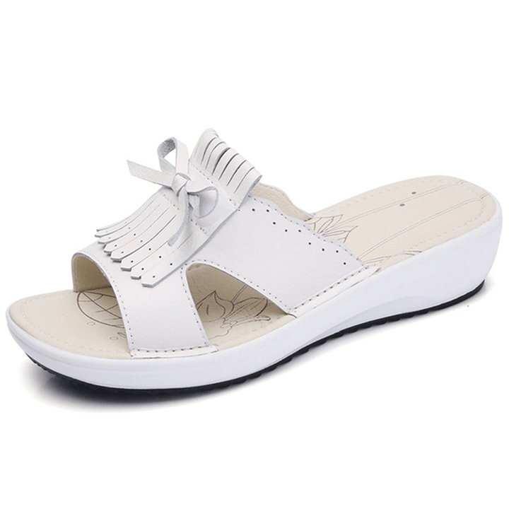 Women Slip on Causal Shoe Leather Tassel Flat Sandals - MRSLM