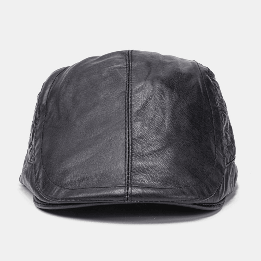 Men Genuine Leather Sheepskin Keep Warm Lattice Pattern Casual Universal Fold Solid Forward Hat Beret Hat - MRSLM
