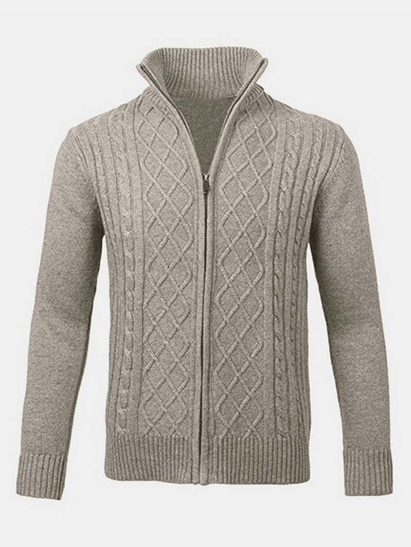 Mens Solid Color Cable Knitting Zipper Long Sleeve Warm Cardigans - MRSLM