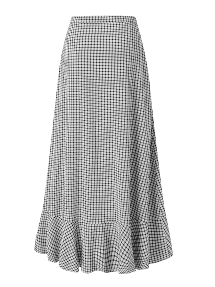 Women Mid-Calf Length Ruffle Pleated Irregular Hem Plaid Splicing Skirt - MRSLM