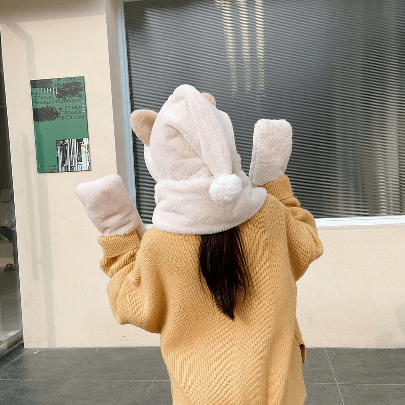 Cat Scarf Hat Gloves One Faux Rabbit Fur Cute Ear Protection - MRSLM