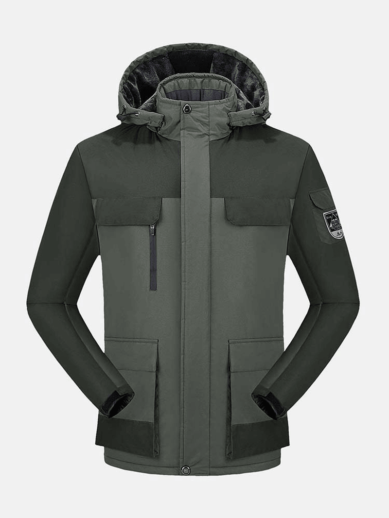 Mens Contrast Patchwork Warm Fleece Lined Warm Thicken Utility Hooded Coats - MRSLM