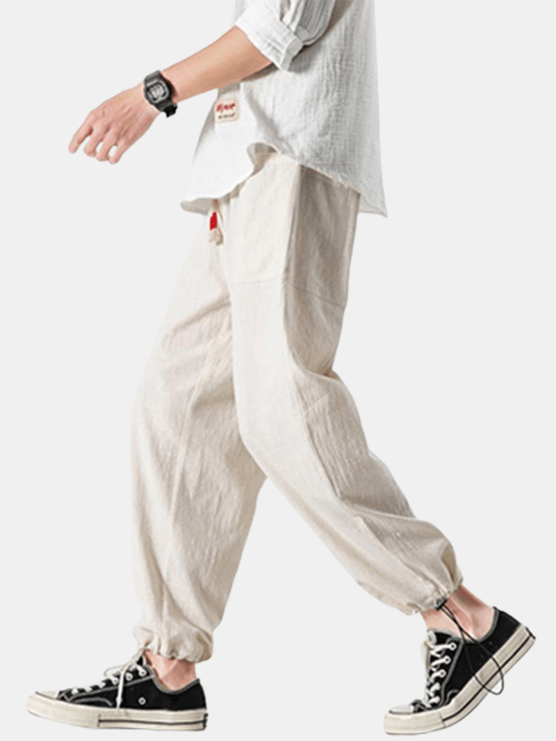 Cotton Mens Solid Color Pocket Elastic Waist Drawstring Casual Pants - MRSLM