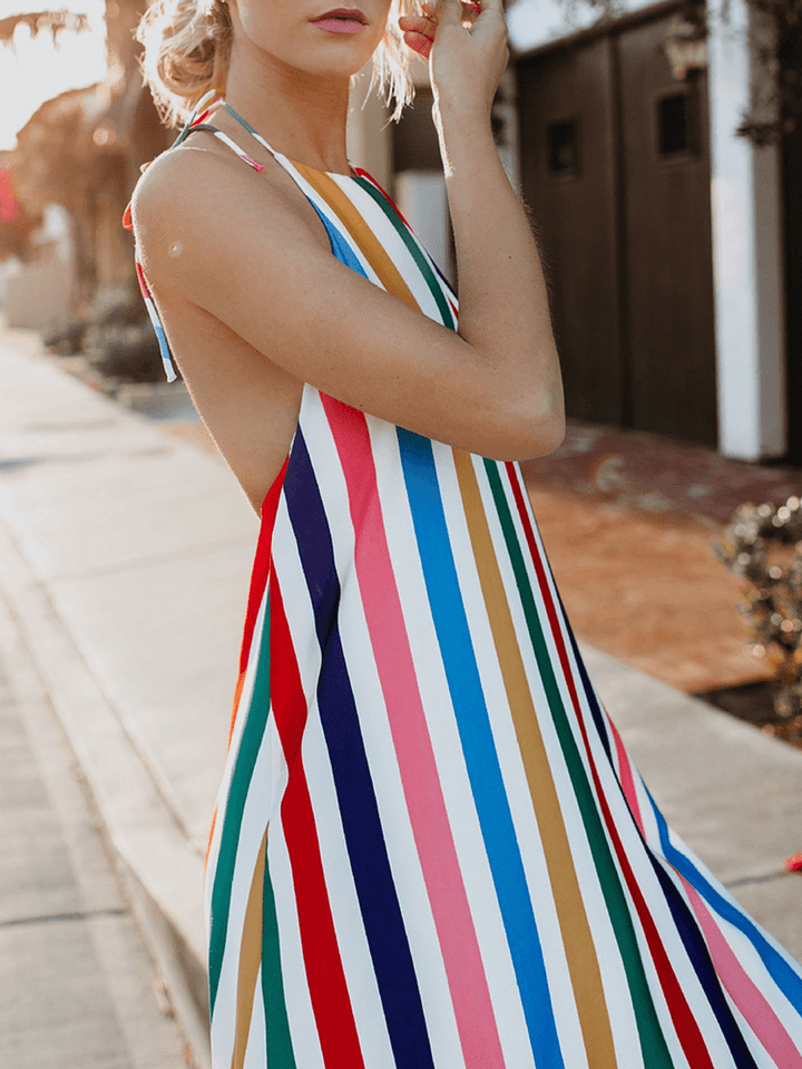 Women Striped Halter V-Neck Sleeveless Dress - MRSLM