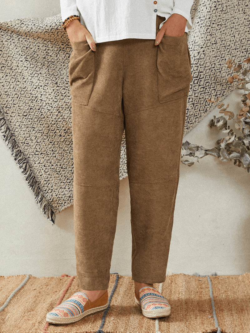 Women Khaki Corduroy Side Pockets Ankle Length Pants - MRSLM