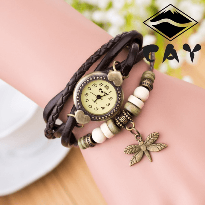 Fashion Vintage Multi-Layer Dragonfly Pendant Beaded Bracelet Quartz Watch Wristwatch - MRSLM
