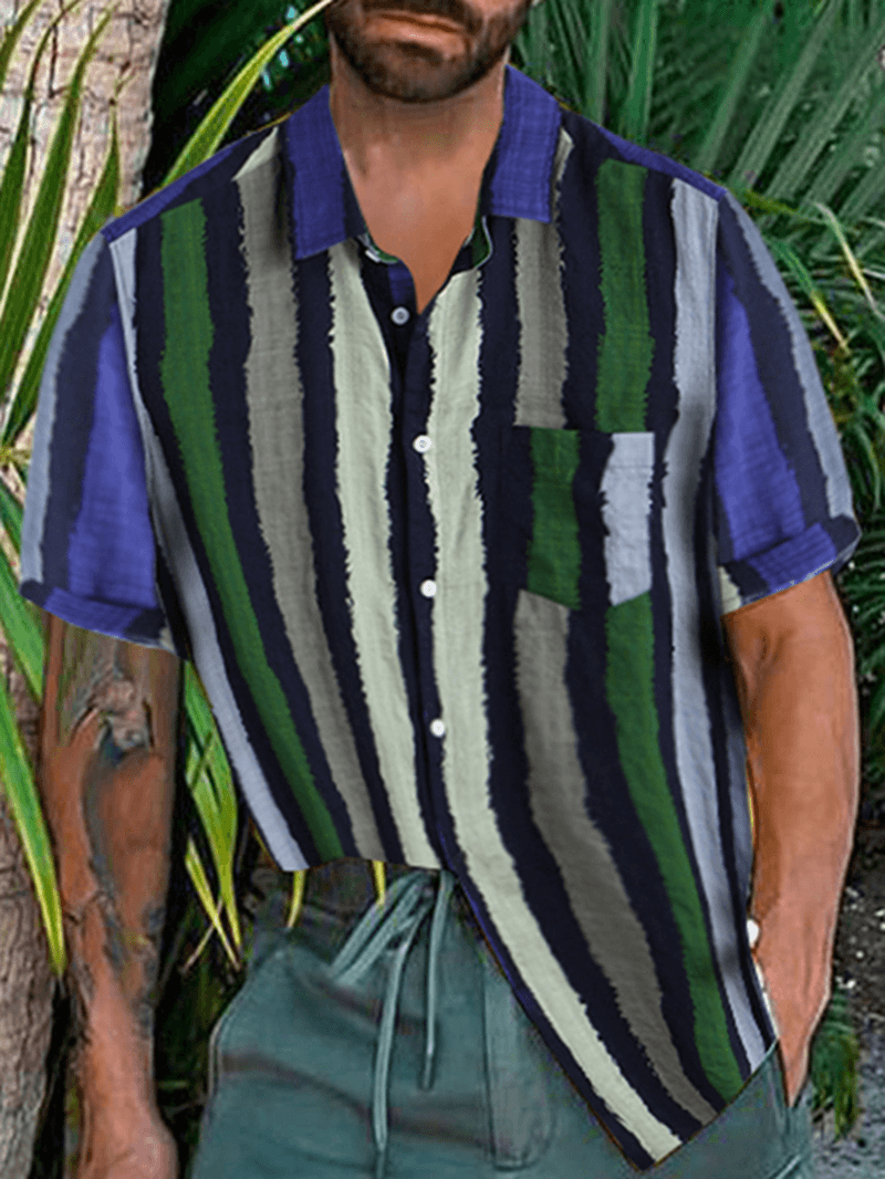 Men Colorful Stripe Short Sleeve Cotton Holiday Casual Shirts - MRSLM