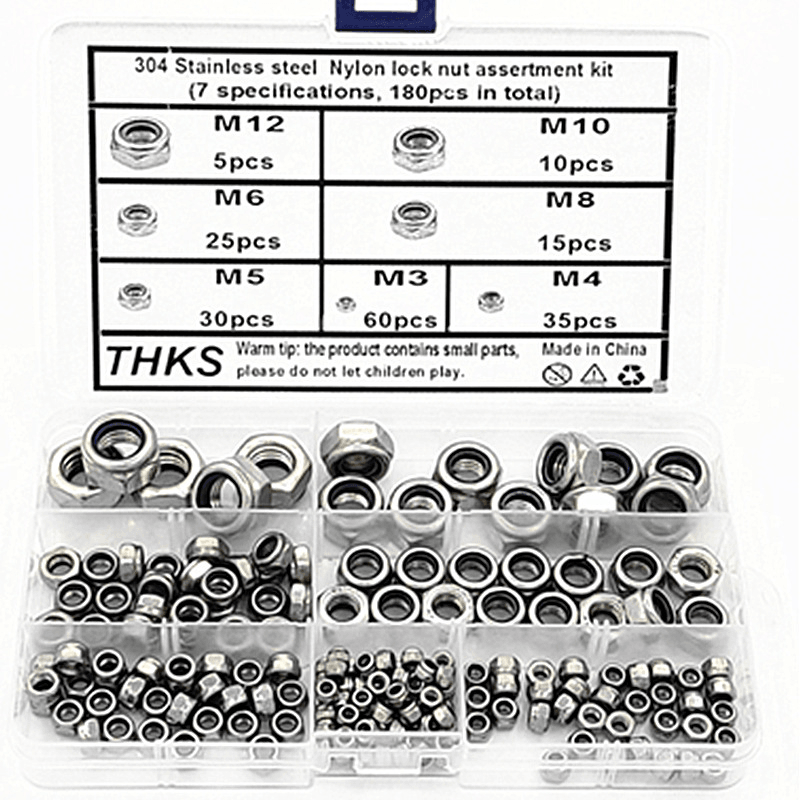 Suleve MXSN6 180Pcs Stainless Steel Metric Hex Nuts Self-Locking Nylon Insert Lock Nuts Assortment Kit M3-M12 - MRSLM