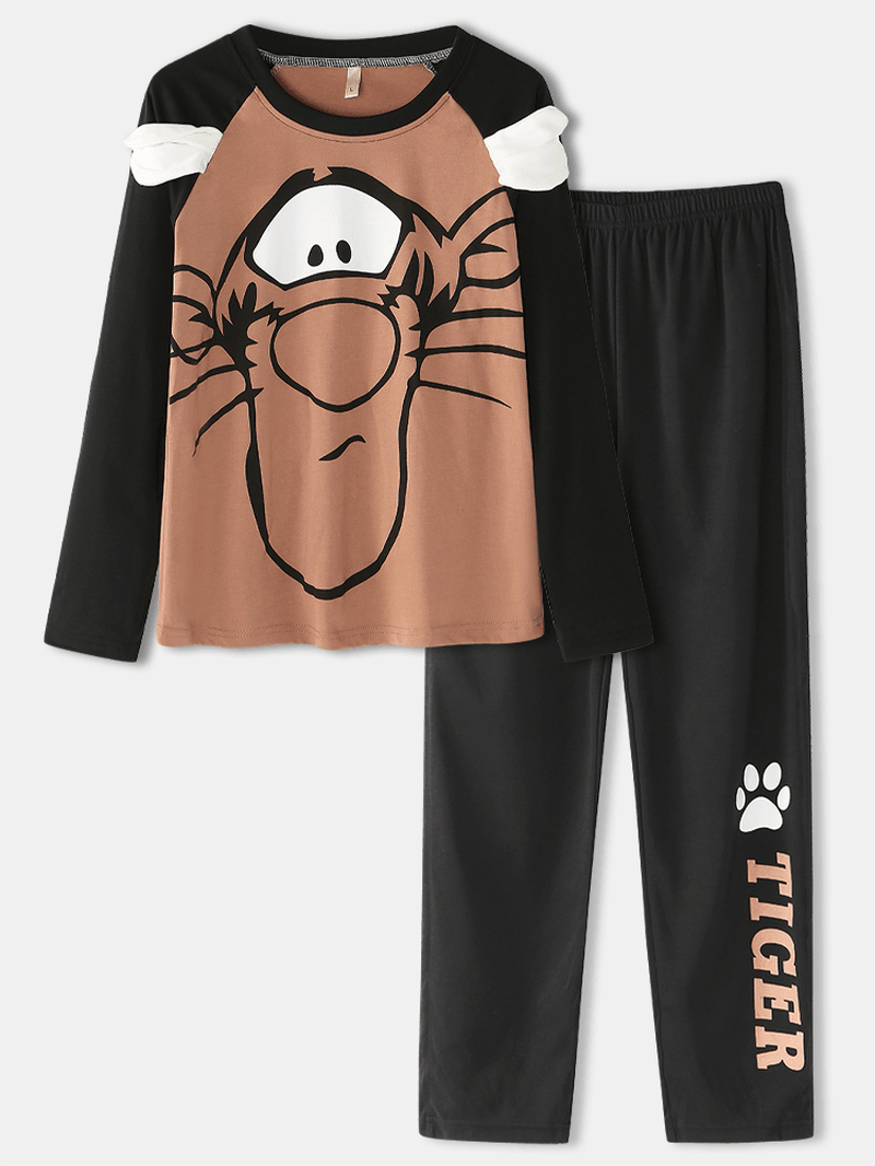 Women Cartoon Tiger Raglan Sleeve Elastic Waist Pants Home Pajamas Set - MRSLM