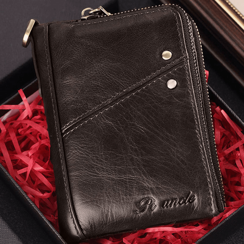 Men Genuine Leather RFID Blocking 12 Cards Slots Wallet Zipper Coin Bag Card Holder - MRSLM