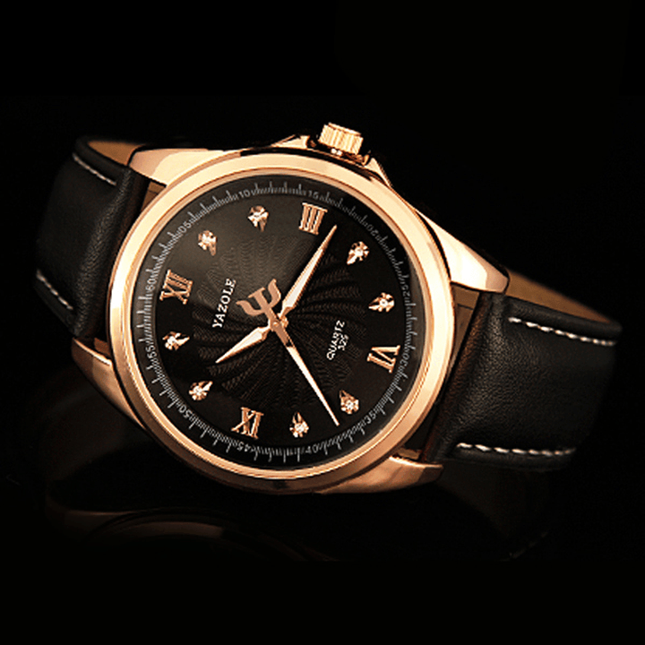 YAZOLE 325 Men Crystal Rose Gold Case Leather Band Luminous Display Quartz Watch - MRSLM