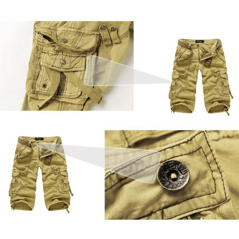 Mens Outdoor Multi-Pocket Cargo Shorts Solid Color Casual Knee Length Cotton Shorts - MRSLM