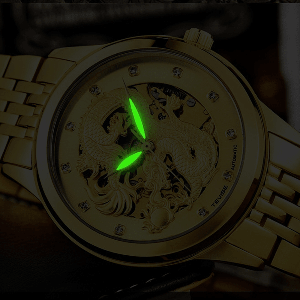 TEVISE 9006 Mechanical Watch Men Women Hollow Dragon Phoenix Pattern Watch Stainless Steel Watch - MRSLM