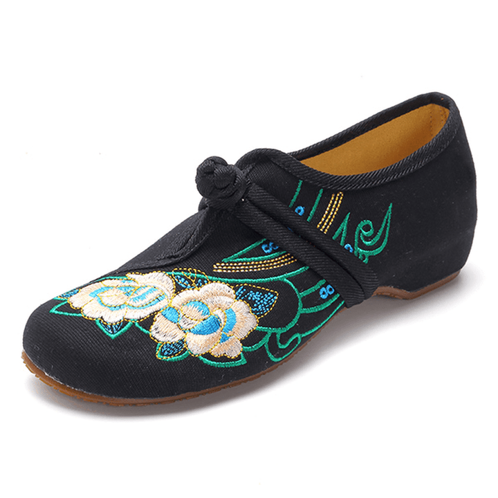Women Lace up Cloth Chinese Embroidered Flower Flat Loafers - MRSLM